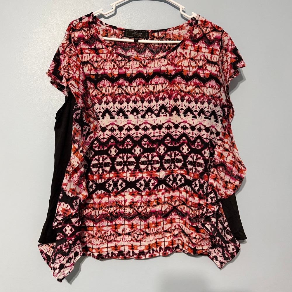 Status by Chenault Women's XXL Geometric Ikat Ruffle Sleeve Blouse Pink Black